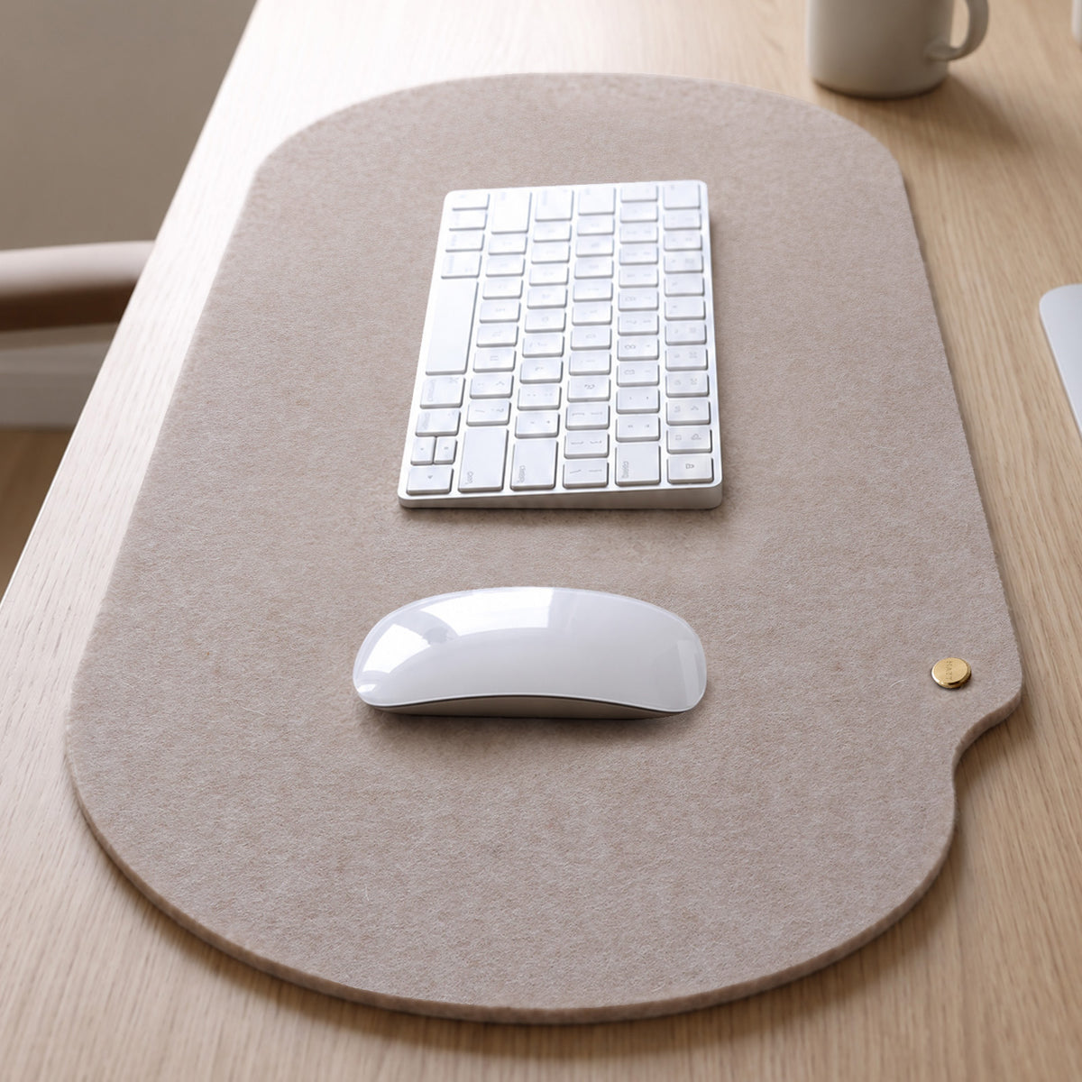 Beige Merino wool felt desk mat 5mm with keyboard and mouse